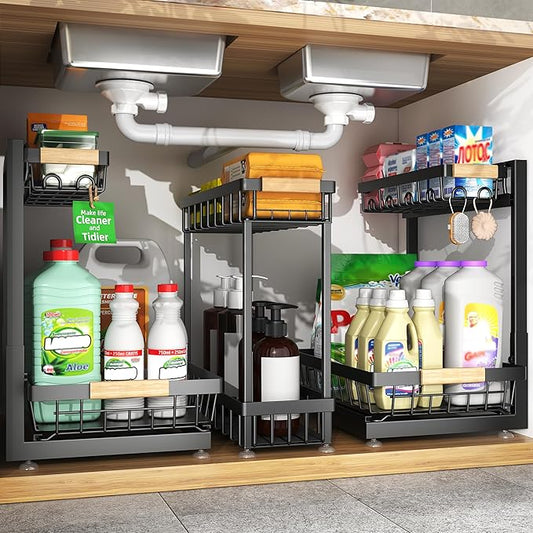3 Pack Under Sink Organizer, Height Adjustable 2 Tier Pull-Out Metal Under Kitchen Sink Organizer, Multi-Purpose Storage Shelves for Kitchen Bathroom Cabinet (Black)