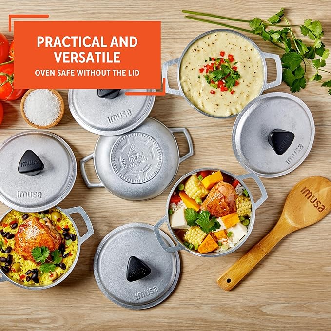 IMUSA USA 4 Piece 0.5Qt Traditional Colombian Mini Calderos (Dutch Oven) for Cooking and Serving, Silver