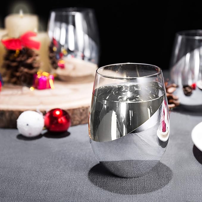 MyGift Premium Silver Stemless Wine Glasses Gift Set of 4 Modern Metallic Barware with Elegant Accents, Perfect Wedding & Anniversary Present - Dishwasher Safe & Shatter Resistant