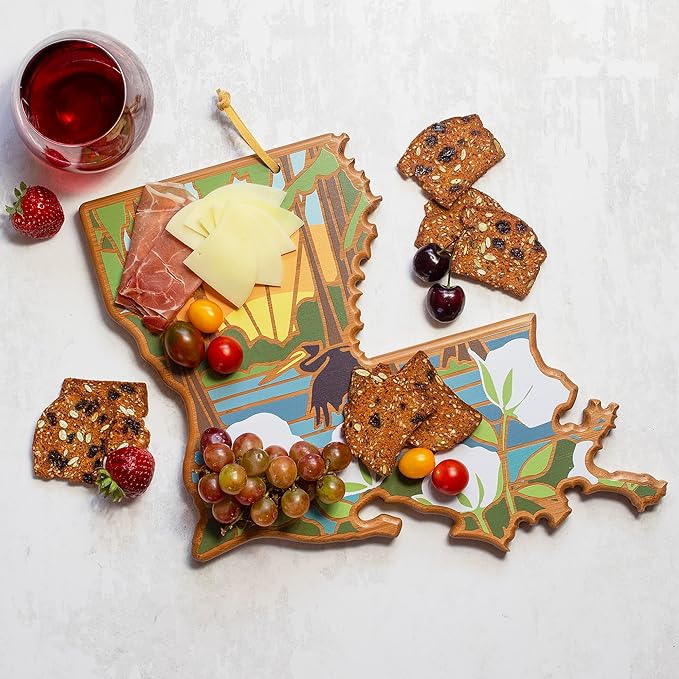 Totally Bamboo Louisiana State Shaped Cutting Board and Charcuterie Serving Platter with Artwork by Summer Stokes, Includes Hang Tie for Wall Display