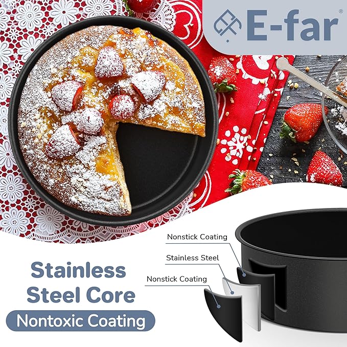 E-far 8x2 Inch Cake Pan Set of 2, Nonstick Round Cake Pans Tins for Baking Birthday Wedding Layer Smash Cakes, Stainless Steel Core & Nontoxic Coating, Straight Side(Black)