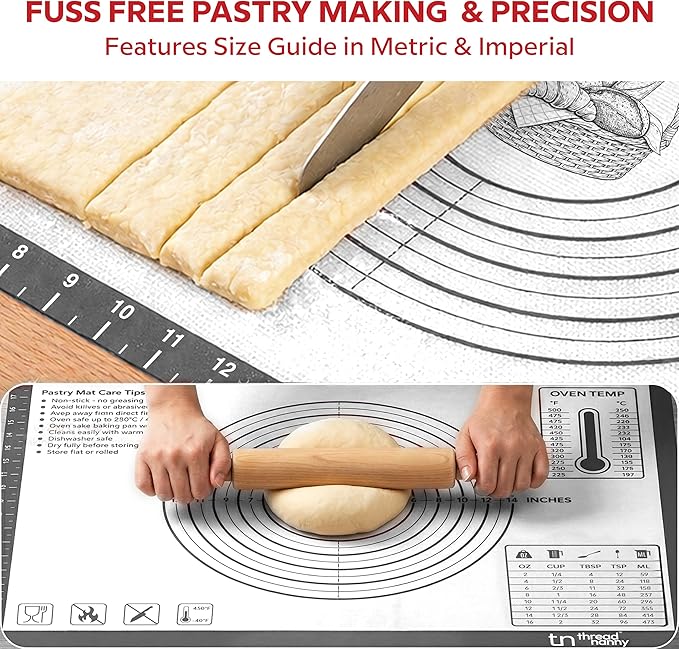 ThreadNanny Silicone Baking Pastry Mat Extra Large 28x20 - Non-Stick Non-Slip Rolling Mat for Dough with Measurements - Bread, Pizza, Pie Crust, Cookies, Fondant - Oven Safe, Dishwasher Safe (Grey)