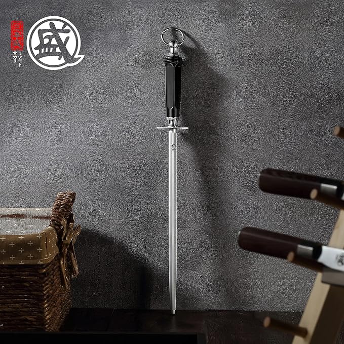 MITSUMOTO SAKARI 10 inch Japanese Honing Steel - Round Diamond Knife Sharpening Rod, Professional High Carbon Sharpener with ABS Handle & Powerful Magnet