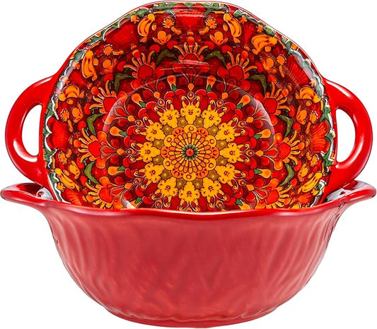 Boho Ceramic Serving Bowls with Handles Set of 2, Ceramic Large Serving Bowls, 40 Oz Porcelain Salad Bowls, Large Serving Dishes for Entertaining, Nesting Mixing Bowls for Soup,Stew,Fruits,Dinner