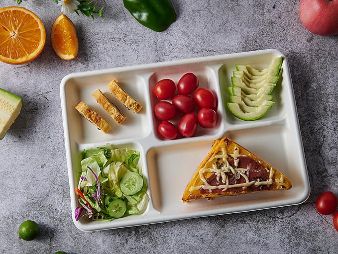 Vplus 100% Compostable 5 Compartment Paper Plates, 100 Pack, 12.5 x 8.6 inch Disposable School Lunch Trays, Eco-Friendly Bagasse Plates for Buffet, and Party