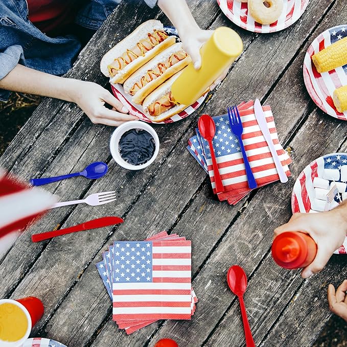 Kochorie 300 Pieces 4th of July Plastic Silverware, Heavy Duty Independence Day Cutlery Set, Disposable Plastic Utensils Includes Spoons Forks Knifes for Memorial Day Veterans Day, Red Blue White