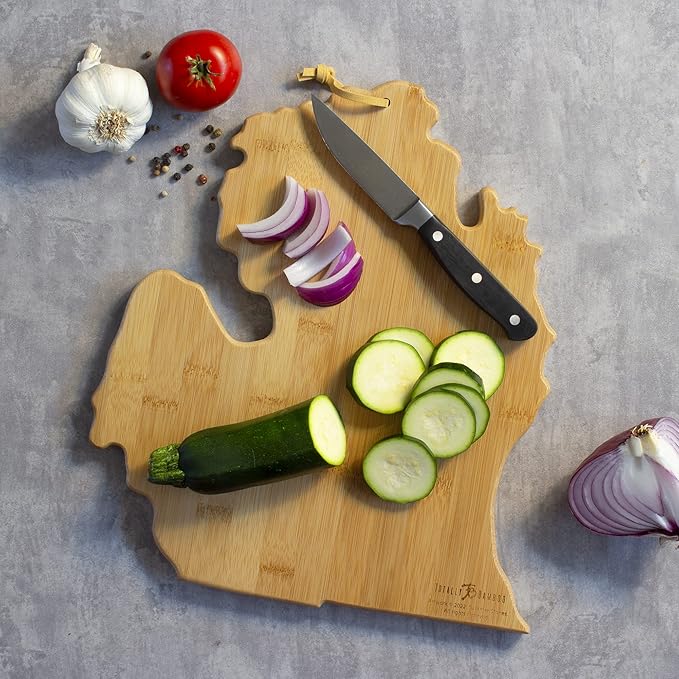 Totally Bamboo Michigan State Shaped Cutting Board and Charcuterie Serving Platter with Artwork by Summer Stokes, Includes Hang Tie for Wall Display Varies