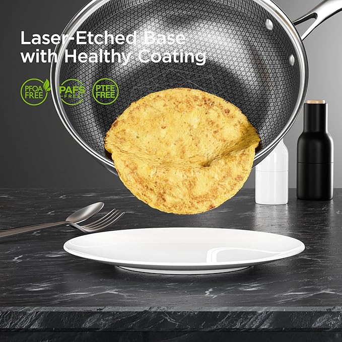 COOKER KING 11-Inch Hybrid Stainless Steel Wok with Lid, Nonstick Stir Fry Pan & Deep Frying Pan, Tri-Ply Clad Honeycomb Everyday Pan, Induction Ready, Oven & Dishwasher Safe, PFOA Free