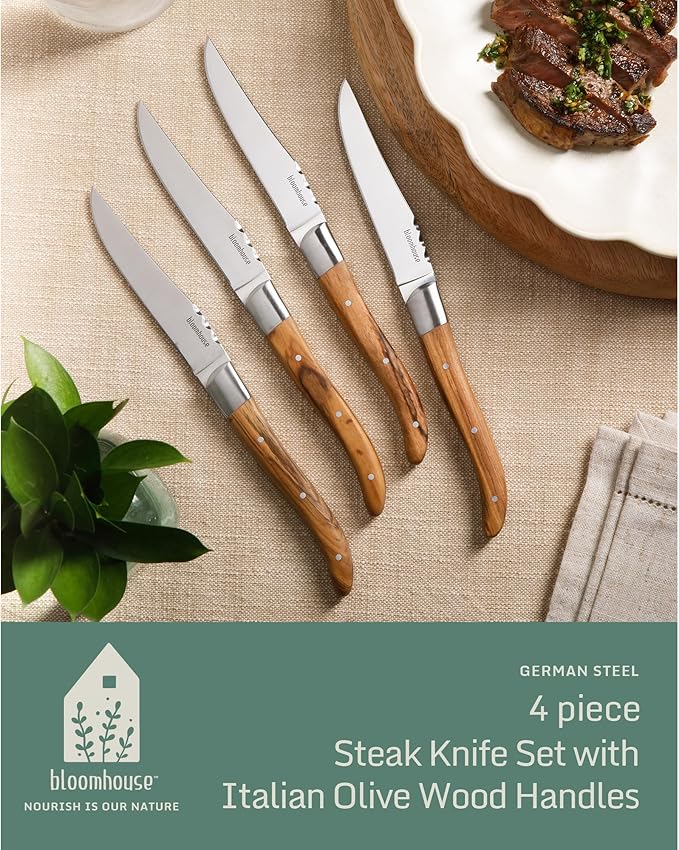 Bloomhouse 4-Piece German Stainless Steel Steak Knife Set – Premium Olive Wood Handle Steak Knives, Full-Tang Blades for Dining