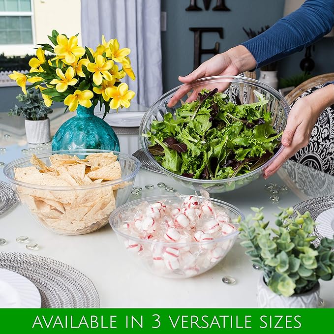 PLASTICPRO Disposable 150 Ounce Round Crystal Clear Plastic Serving Bowls for Snack or Chip ,Candy Dish, Party Salad Container Pack of 2