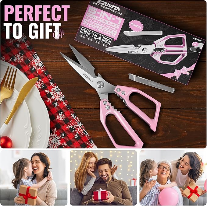 5-in-1 Multifunctional Heavy-Duty Korean Kitchen Scissors with Tweezer, Pink All Purpose Kitchen Shears with Stainless Steel Blades, Dishwasher Safe Bone Cutting scissors for Meat, Vegetables