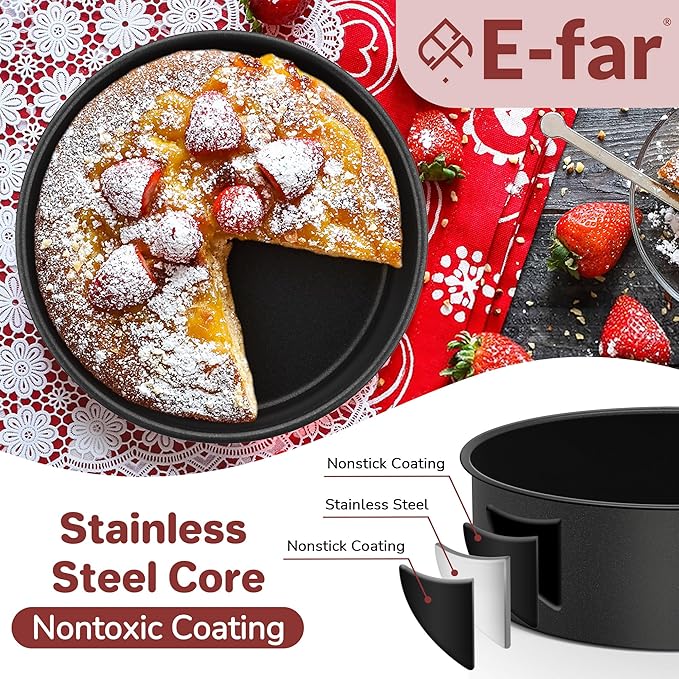 E-far 9½ Inch Cake Pans Set of 2, Nonstick Round Baking Pans Tins Set for Birthday Wedding Layer Smash Cakes, Stainless Steel Core & Nontoxic Coating, Straight Side & 2 Inch Deep (Black)