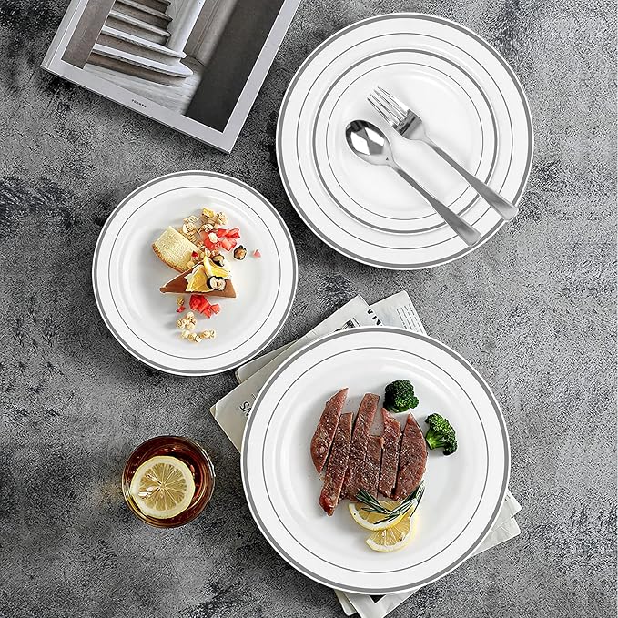 Silver Plastic Plates, MCIRCO 100 Pcs Disposable Party Plates for Weddings, Premium Silver Rim Plates, Include 50 10.25 Inch Dinner Plates and 50 7.5 Inch Dessert Appetizer Plates