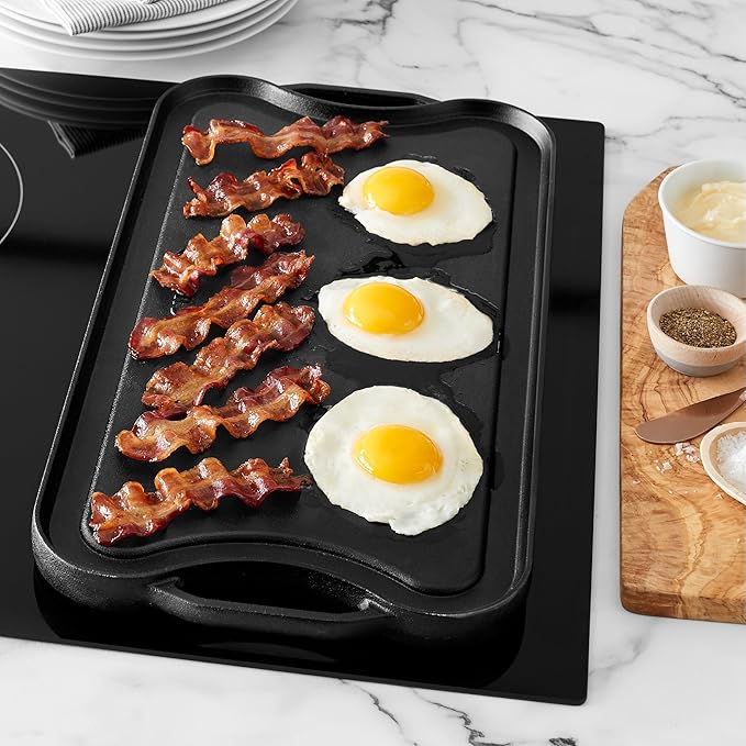 Amazon Basics Pre-Seasoned Cast Iron Reversible Rectangular Grill/Griddle with Even Heat Distribution, Black, 20 x 10.63 x 0.98 inch