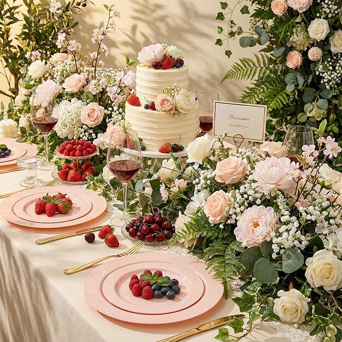 FLOWERCAT 60PCS Pink Plastic Plates - Heavy Duty Pink Plates Disposable for Easter Party&Mother's Day/Wedding - serving 30 guests Include 30PCS 10.25inch & 30PCS 7.5inch
