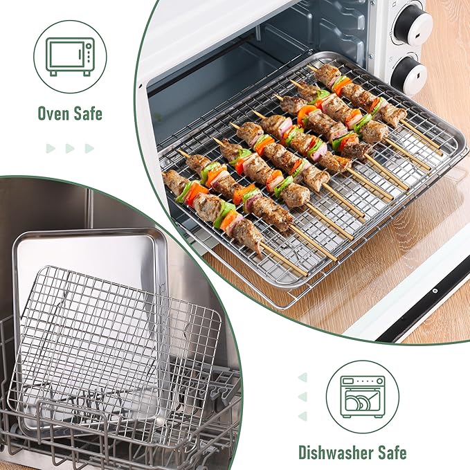 Baking Sheet with Wire Rack Set (1 Pan+1 Rack), Homikit 12" x 10" Stainless Steel Quarter Sheet Pan with Grid Cooling Rack for Toaster Oven Roasting, Metal Bacon Cookie Trays Nonstick Jelly Roll Pan