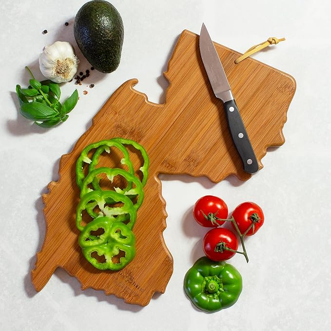 Totally Bamboo New Jersey State Shaped Cutting Board and Charcuterie Serving Platter with Artwork by Summer Stokes, Includes Hang Tie for Wall Display