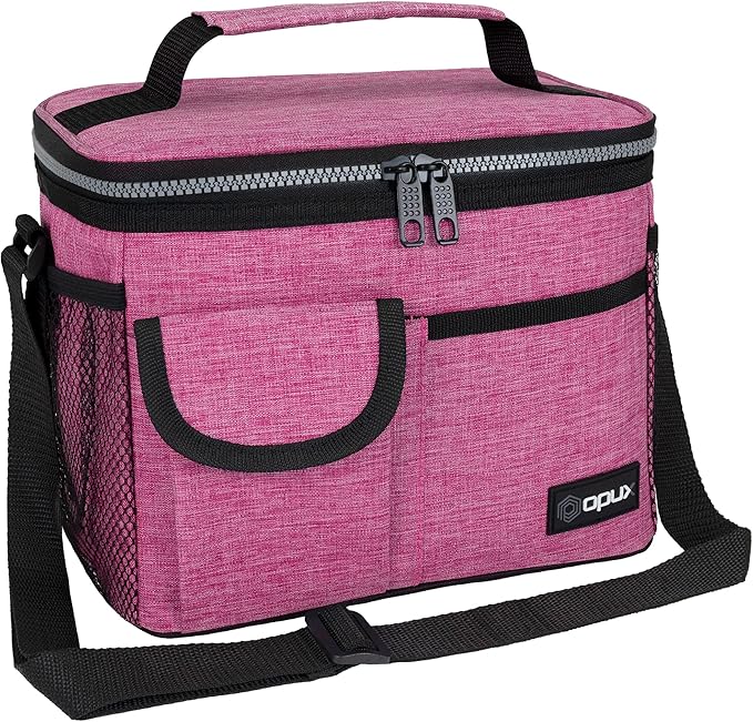 opux Insulated Lunch Bag for Men Women, Leakproof Heather Pink Lunch Box for Work, Portable Soft Lunch Cooler Bag with Shoulder Strap, Adult Lunchbox Lunch Pail for Kid Boy Girl School, 14 Can/8L