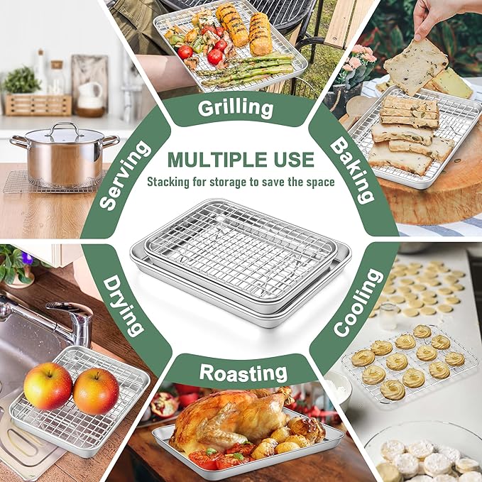 Toaster Oven Pan with Rack Set (1 Pan+1 Rack), Homikit 9 x 7 Inch Small Baking Sheet with Wire Rack, Stainless Steel Cookie Sheets for Baking, Cookie Bacon Tray with Cooling Rack, Dishwasher Safe