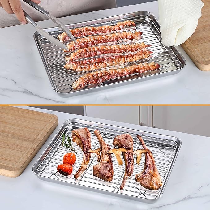 Homikit Quarter Sheet with Rack (1 Pan + 1 Rack), 9x13 Stainless Steel Baking Pan with Wire Cooling Rack for Toaster Oven Roasting, Metal Bacon Cookie Trays Nonstick & Rust Free, Dishwasher Safe