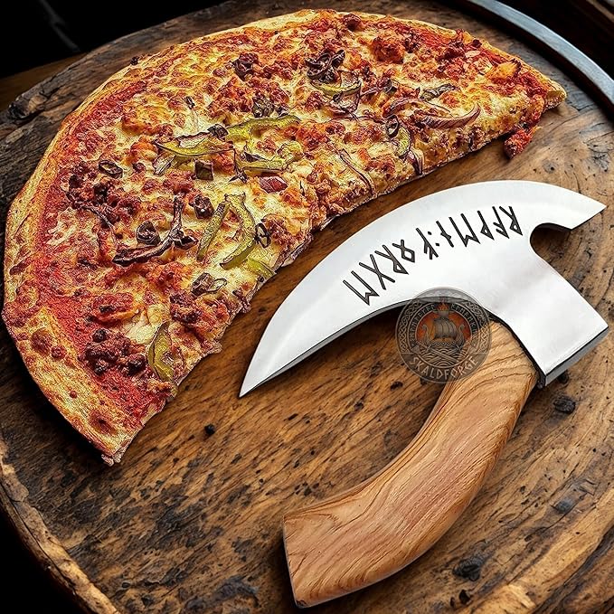 Viking Pizza Cutter Axe with Leather Sheath, Rune Engraving Carbon Steel Blade with Ash Wood Handle, Pizza Slicer Unique Tool for Kitchen & BBQ, Best Gift for Men and Women