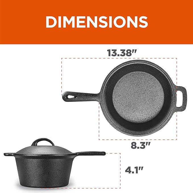 Commercial Chef 2-Qt. Saucepan with Lid, Pre-Seasoned Cast Iron, Integrated Handles, Works on All Cooktops Including Induction, Outdoor Skillet for Campfires or Grills, CHCI20