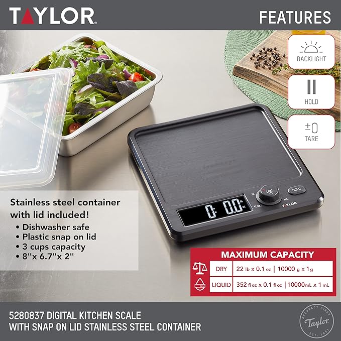 Taylor Digital Kitchen Scale with Dishwasher Safe Stainless Steel Container and Snap On, 22 pound capacity, Black