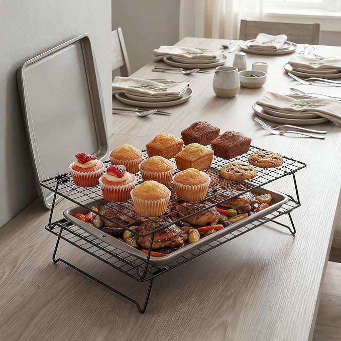 Cooling Racks for Cooking and Baking, 13.4x9.4 Inch 2-Pack This Durable Carbon Steel Wire Cooling Rack is Stackable, Ideal for Cookie Cooling, Roasting, and Making Jerky.