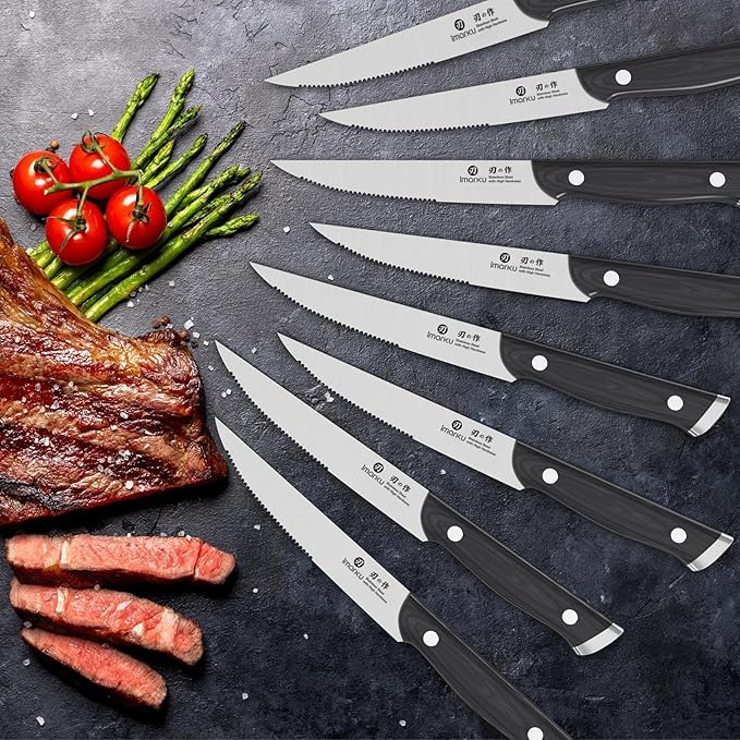 imarku Steak Knives, Steak Knives Set of 8, Serrated Steak Knife Set with Pakkawood Ergonomic Handle, Japanese HC Steel Steak Knife and Gift Box, Birthday Gift for Men and Women