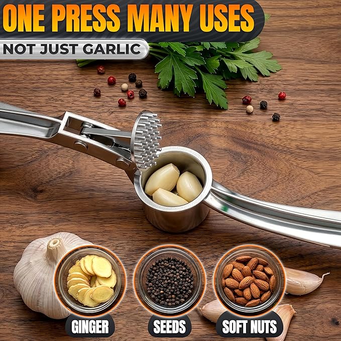 Stainless Steel Garlic Press - Ginger Mincer with 37 Built-In Studs for Maximum Extraction, for Garlic, Ginger and Soft Nuts - Ergonomic Handle, Dishwasher Safe and Rust-Resistant, No Peel Needed