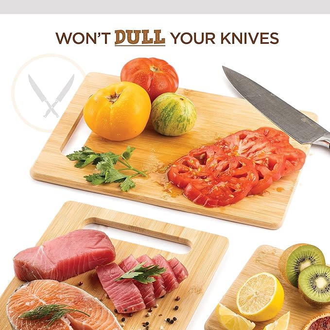Bamboo Cutting Boards for Kitchen [Set of 3] Wood Cutting Board for Chopping Meat, Vegetables, Fruits, Cheese, Knife Friendly Serving Tray with Handles, 3 Piece Large, Medium, Small Size for Food Prep