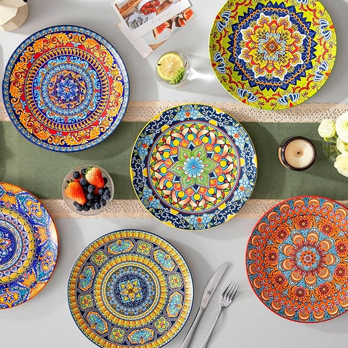 vancasso Colorful Dinner Plates Set of 6, 10.5 Inch Ceramic Kitchen Plates for Dinner, Bohemian Printed Dishes for Dining, Microwave & Dishwasher Safe Plate Set, Series KRVI