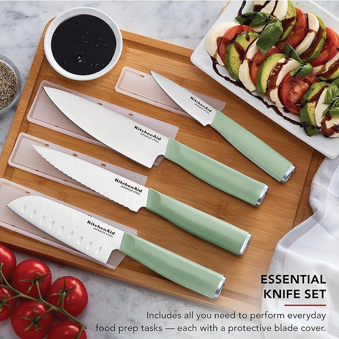 KitchenAid Chef Set with Custom Fit Covers, Sharp Kitchen Knife, High-Carbon Japanese Stainless Steel Blade, 4 Piece, Pistachio