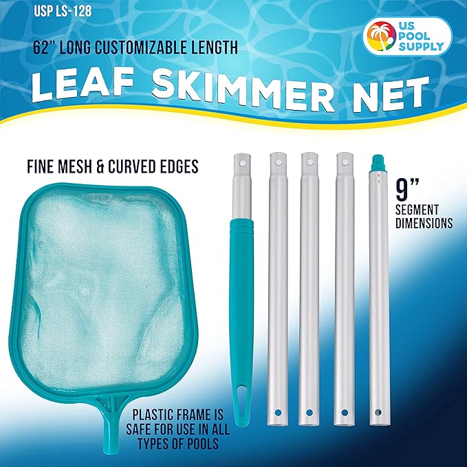 U.S. Pool Supply Swimming Pool 4 Foot Leaf Skimmer Net with 4 Connecting Aluminum Pole Sections - Fine Mesh Netting for Fast Cleaning of Debris - Clean Spas & Ponds