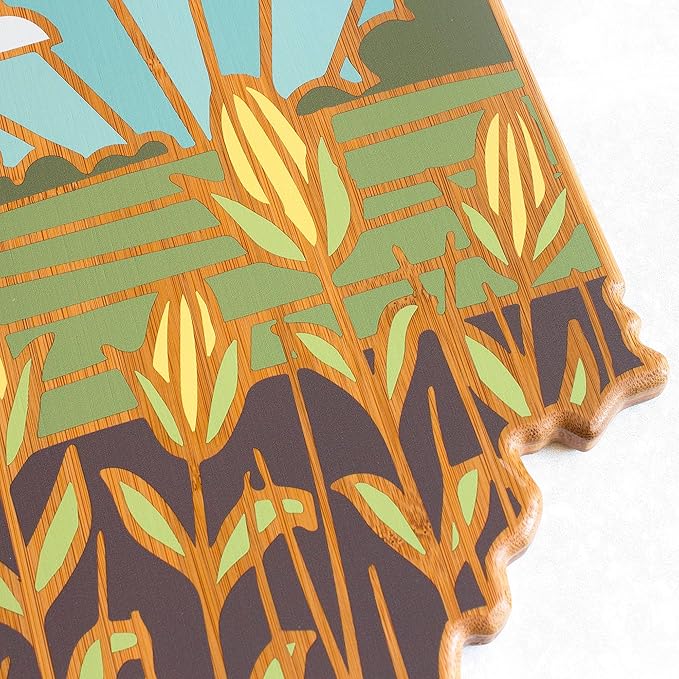 Totally Bamboo Indiana State Shaped Cutting Board and Charcuterie Serving Platter with Artwork by Summer Stokes, Includes Hang Tie for Wall Display
