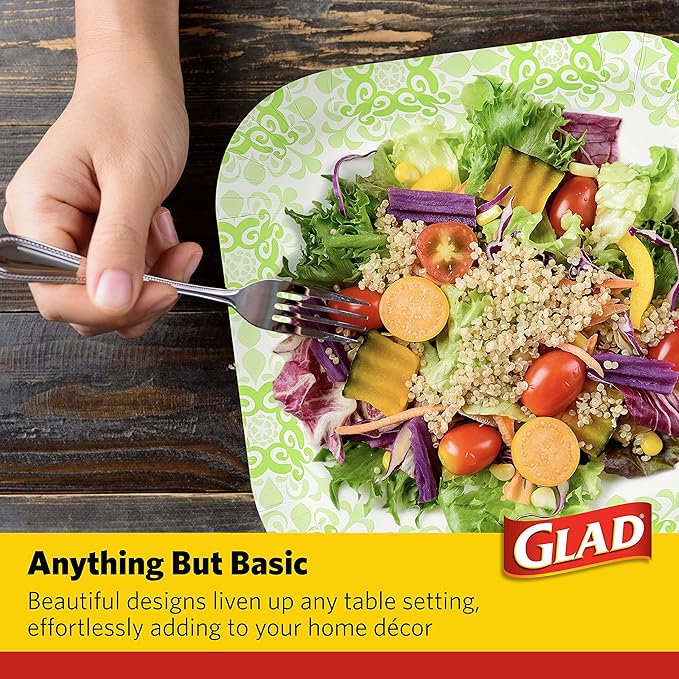 Glad Square Heavy Duty Paper Plates, Soak Proof and Cut Proof Disposable Plates for Parties and Everyday Meals, Microwaveable for Easy Serving, Green Victorian Pattern, 10 Inch, 100 Count