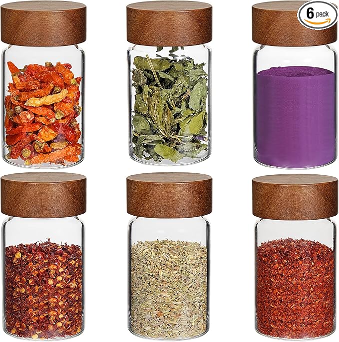 Glass Spice Jars Seasoning Containers Small Glass Jars with Lids Airtight Food Storage Canister for Kitchen Pantry Sugar Tea Coffee Bean Nuts Cookies Herbs Salt (6oz(177ml)*6 pack)