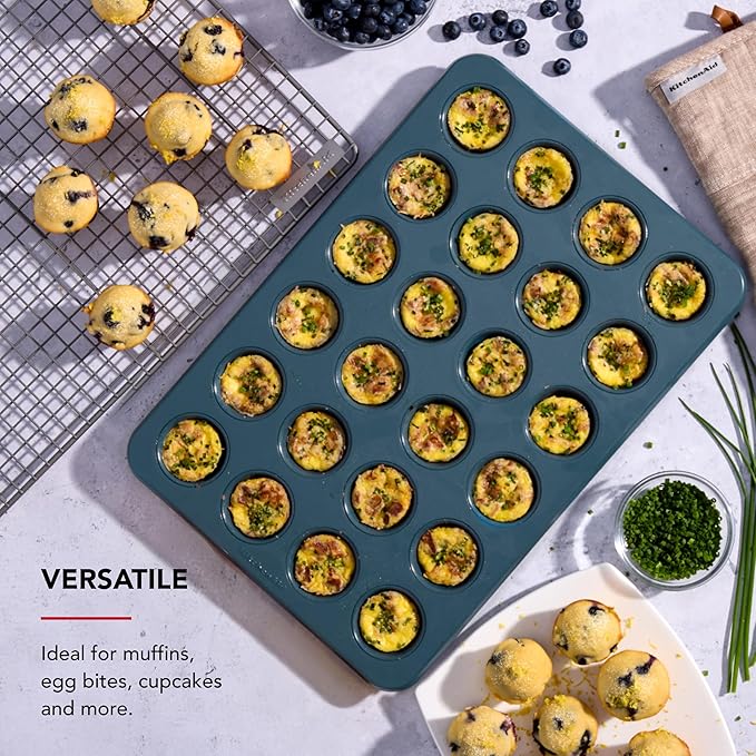 KitchenAid Nonstick Swiss Engineered Aluminized Steel Muffin Pan, Dishwasher Safe, Agave, 24 Cup
