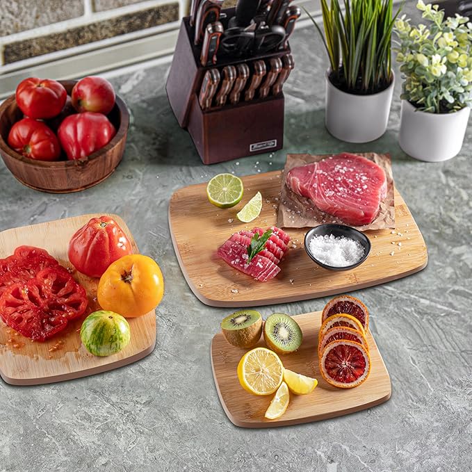 3-Piece Reversible Bamboo Cutting Board Set for Kitchen - Wooden Chopping Boards and Charcuterie Serving Boards for Cheese Meat Bread Fruit and Meal Prep, Knife Friendly Food Grade Bamboo by Bambüsi