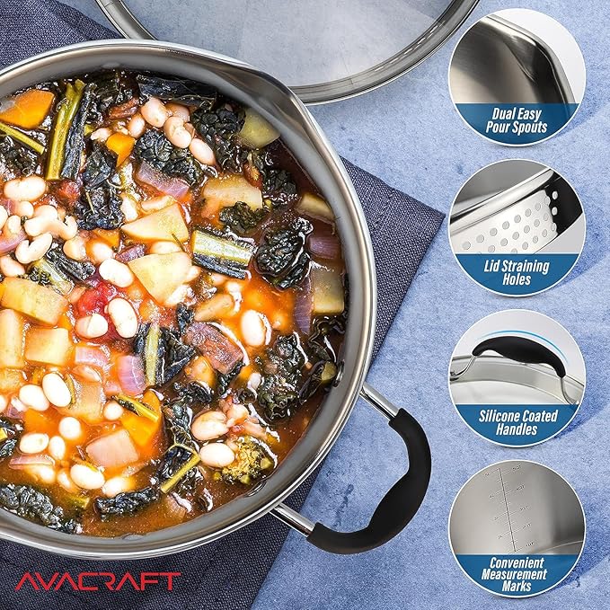 AVACRAFT Stainless Steel Stockpot with Glass Strainer Lid, 6 Quart Stock Pot, Soup & Saucepan Cookware, Side Spouts, Multipurpose, Induction Pan, (5-Ply Capsule Bottom, 6QT)