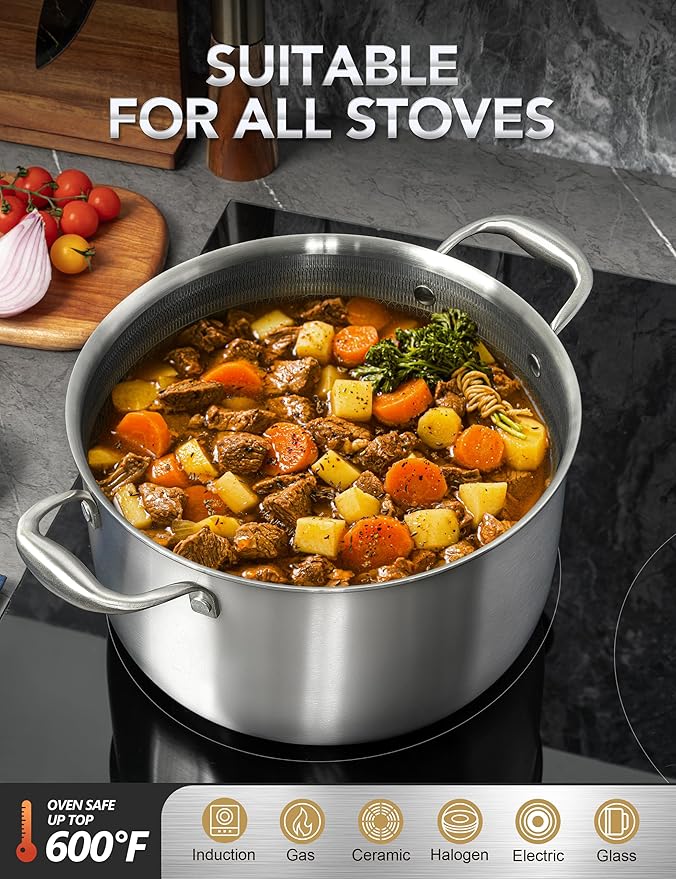 MICHELANGELO Tri-ply Stainless Steel Stock Pot with Lid - 6 Quart, Nonstick Cooking Pot with Honeycomb Interior, Heavy Duty Stockpot, Compatible with All Cooktops