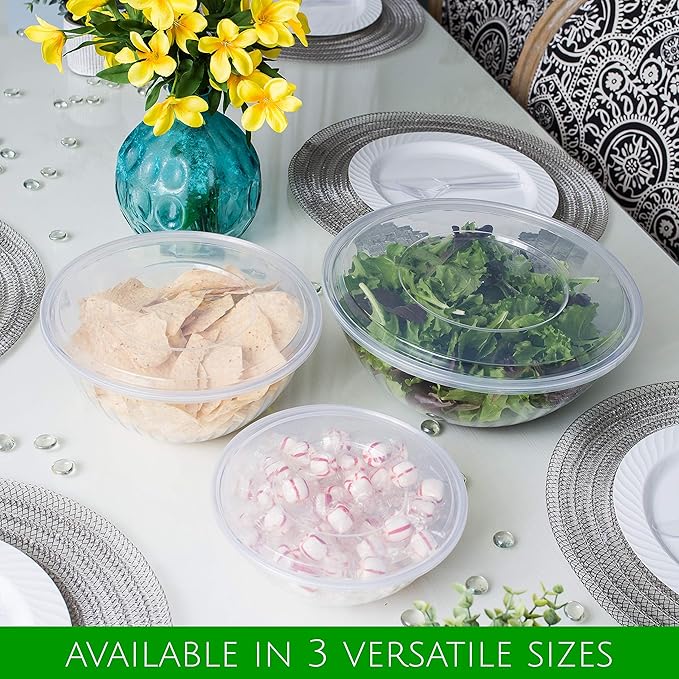 PLASTICPRO Disposable Round Crystal Clear Serving Bowls With Lids - Party Snack or Salad Bowl, Plastic Chip Bowls, Candy Dish (2, 150 OUNCE)