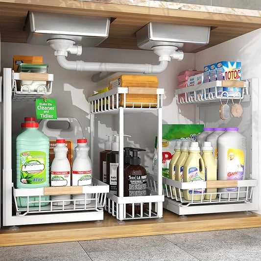 3 Pack Under Sink Organizer, Multi-Purpose 2 Tier Pull-Out Metal Under Kitchen Sink Organizer, Height Adjustable Storage Shelves for Kitchen Bathroom Cabinet (White)