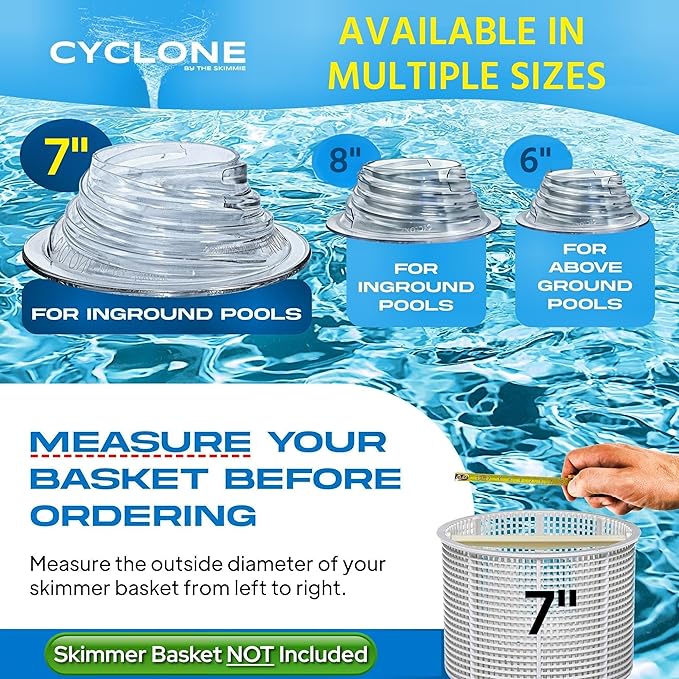 The Skimmie Cyclone (Skimmer Basket NOT Included) - Turbocharges Pool Skimmer Water Flow - Improves Pool Surface Cleaning & Debris Removal - 7" Funnel Design Works with Any Pool Water Level