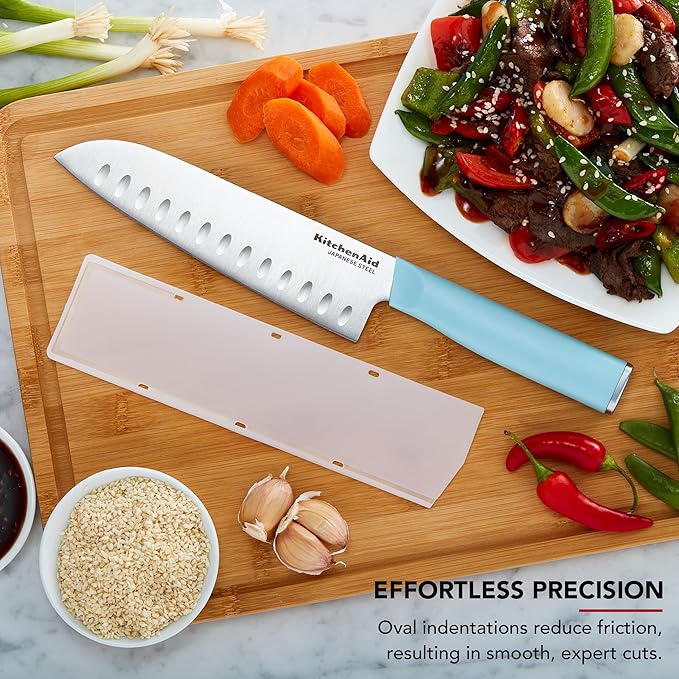 KitchenAid Gourmet Forged Santoku Knife with Custom-Fit Blade Cover, Sharp Kitchen Knife, High-Carbon Japanese Stainless Steel Blade, 7 Inch, Blue