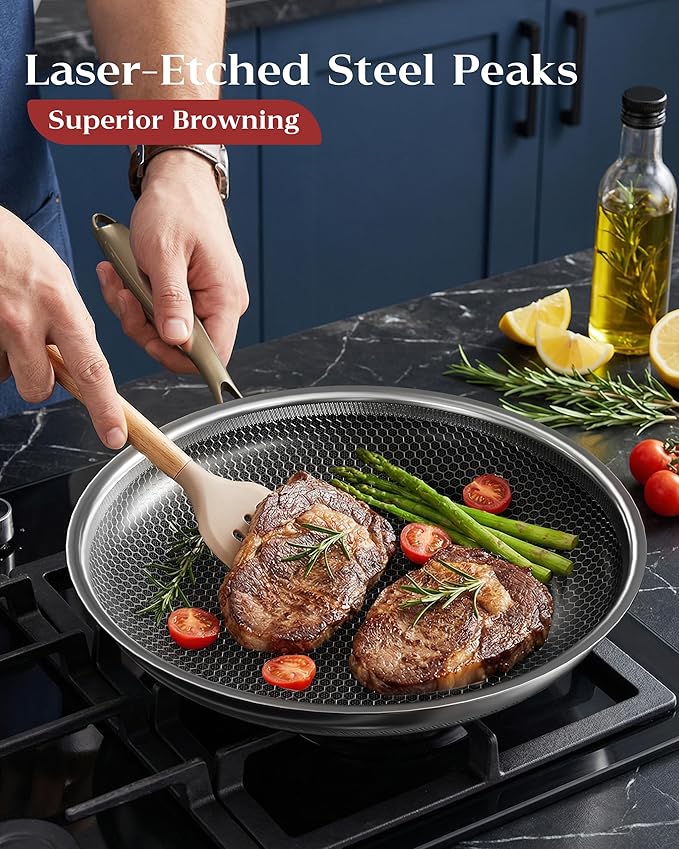 Honeycomb Stainless Steel Nonstick Frying Pan with Lid 12 Inch, Induction Cooktop Compatible Skillet, PFOA-Free Scratch-Proof, Dishwasher & Oven Safe, Stay-Cool Handle, Gold Kitchen Cookware