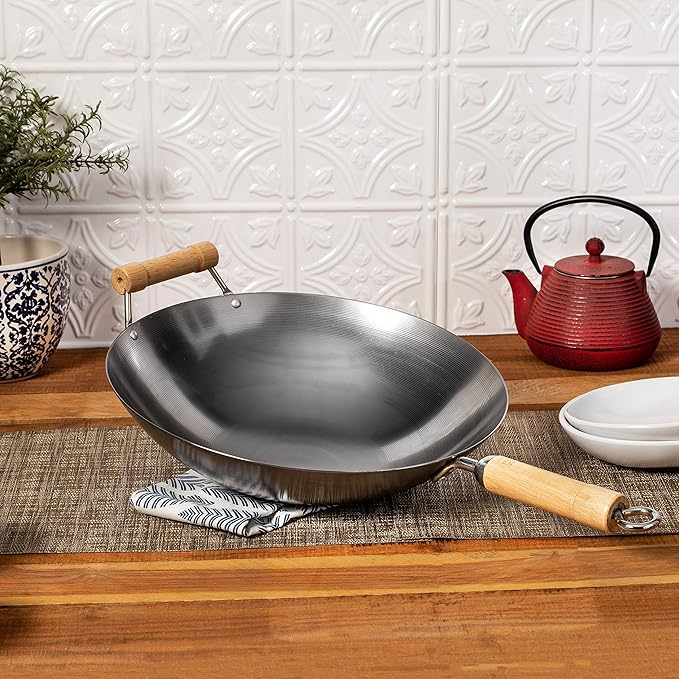 JOYCE CHEN Classic Series 14-Inch Round Bottom Carbon Steel Wok with Birch Handles