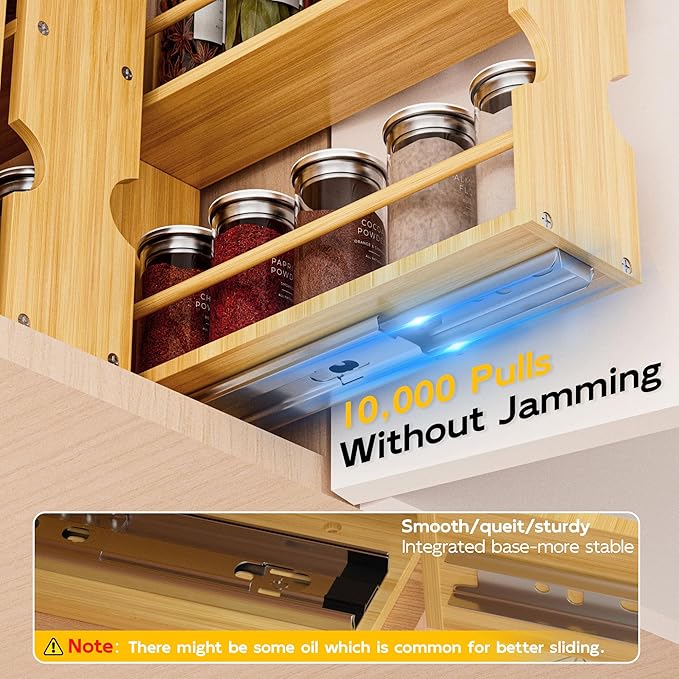 Jolitac Bamboo Pull Out Spice Rack for Cabinet, Slide Out Drawers, Space-Saving Seasoning Kitchen Pantry Sliding Vertical Organization, Easy to Install, 12.3" Wide, 4 Drawers(1.85" Wide), 2-Tier