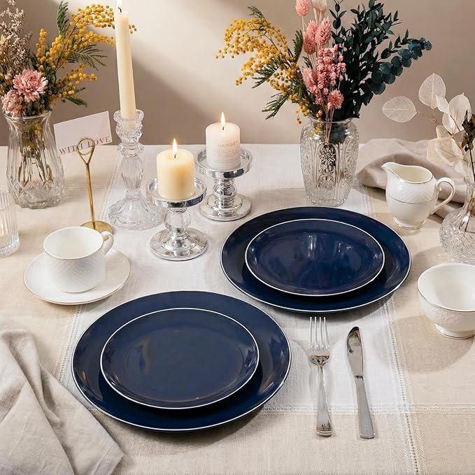 KIRE 200PCS Blue Plastic Plates with Silver Rim - Navy Blue Plastic Plates Include 100 Dinner & Dessert Plate - Heavy Duty Dark Blue Disposable Plate for Passover/Parties/Wedding