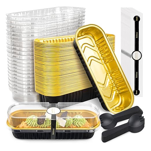 50 Pack Mini Cake Pans with Lids and Spoons Black Gold Rectangular Aluminum Foil Baking Pans Mini Cheesecake Containers(6.8oz)